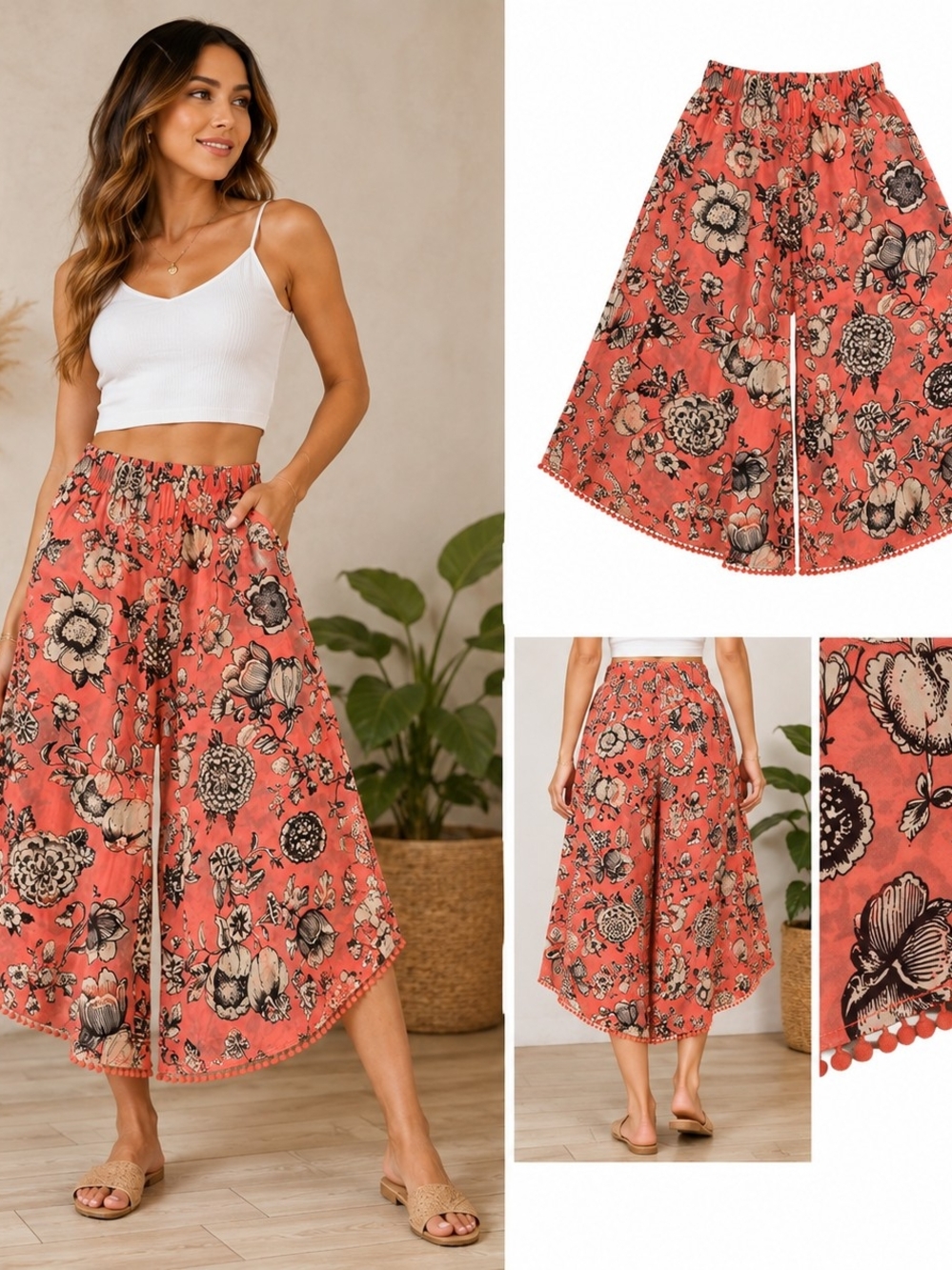 Anthropologie Coral Floral Wide-Leg Crop Pants